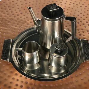 Mid Century Stanley Roberts Velvet 18-8 Stainless Coffee Tea Set with Tray Japan